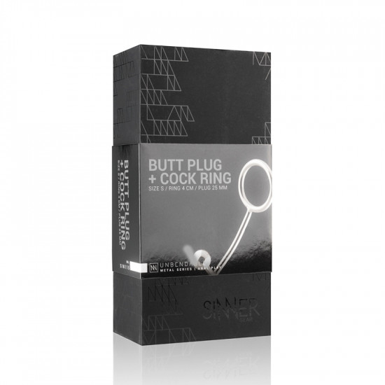 Эрекционное Кольцо с Анальной Пробкой Sinner Metal Cock Ring With Anal Plug Size L SIN117